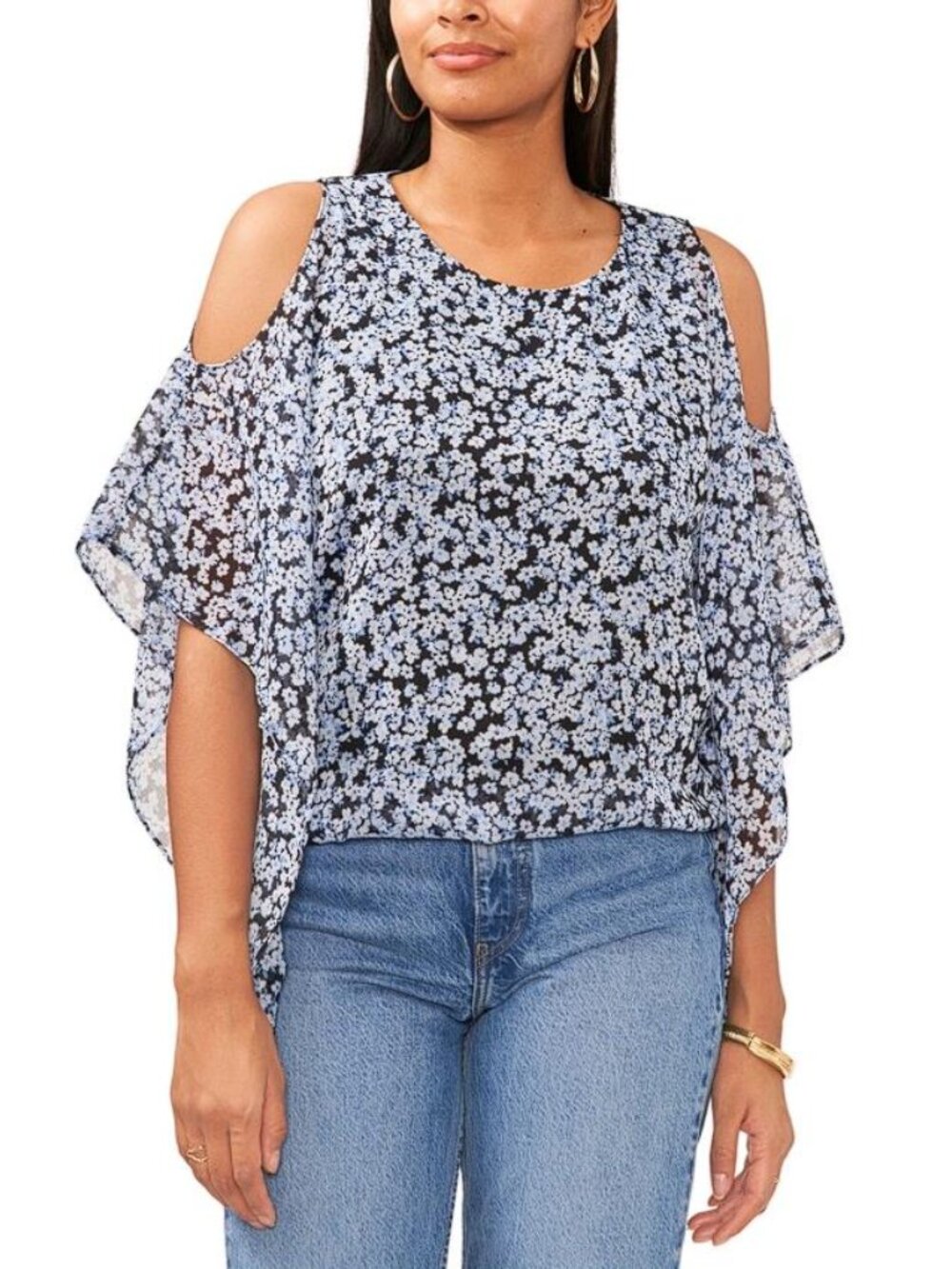 SAM & JESS Women's Cold Shoulder Floral Print Blouse Size XL In Multi